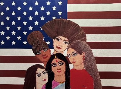 Painting of American Flag with 4 Females in front of it.