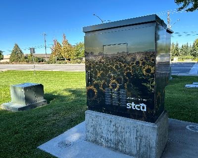 Image Sunflower Fields wrapped around a Signal Box.