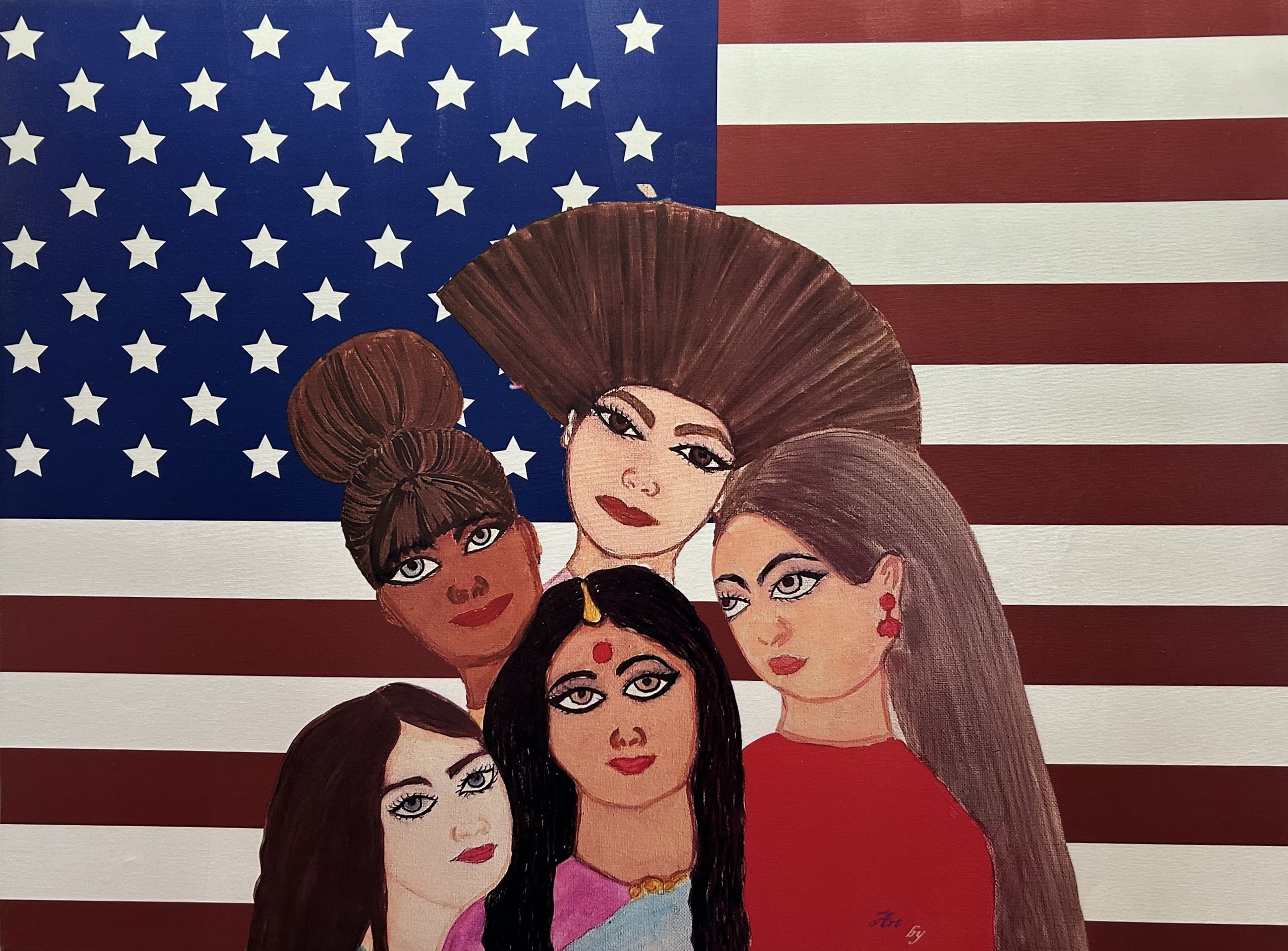 Painting of American Flag with 4 Females in front of it.